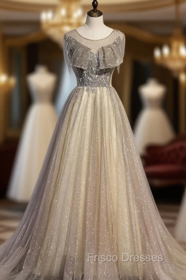 Gray Tulle Sequins Backless Tassel Beading Formal Prom Dress Main image