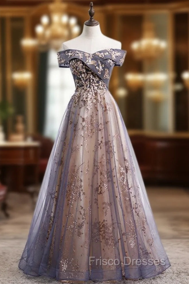 Gray Tulle Sequins Beading Off the Shoulder Formal Prom Dress Main image