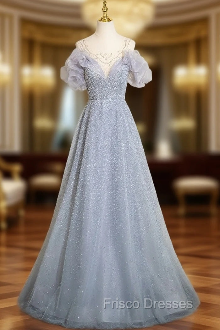 Gray Tulle Sequins Beading Formal Prom Dress Main image