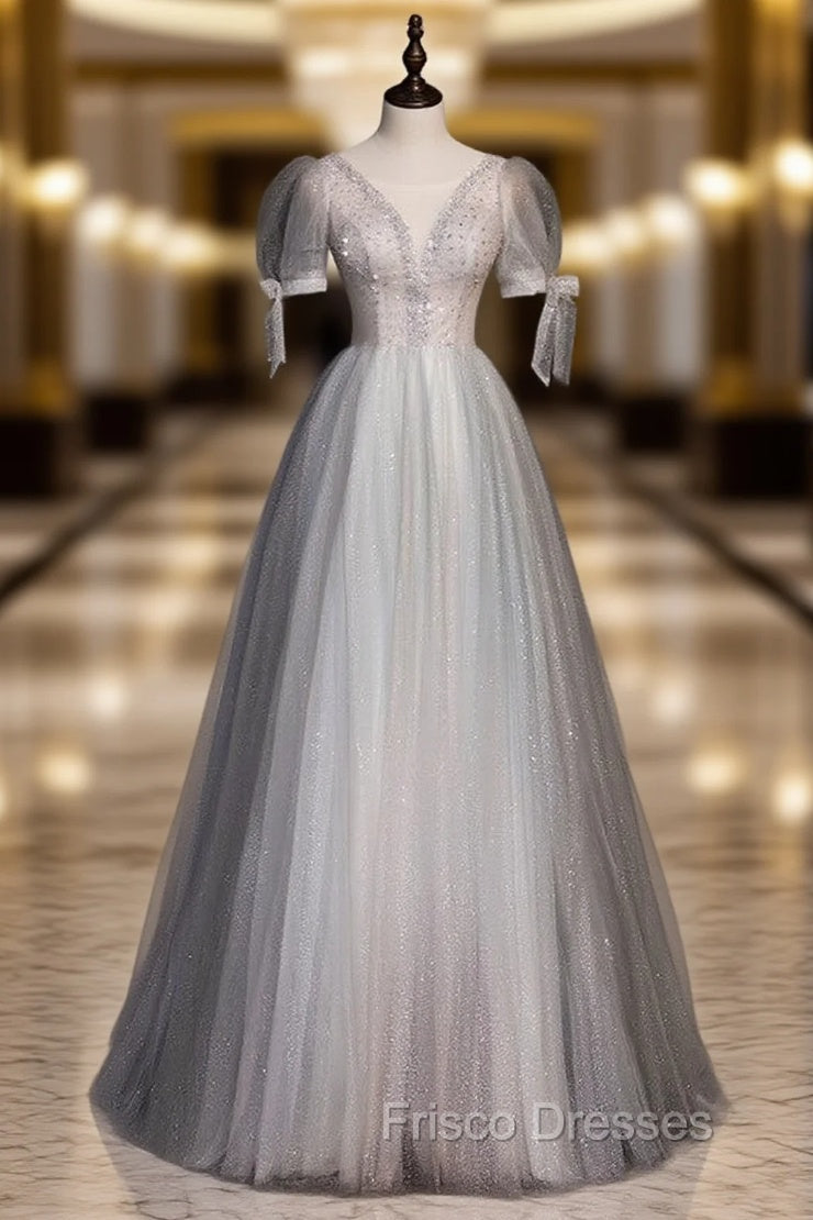 Gray Tulle Sequins Beading Short Sleeve Formal Prom Dress Main image