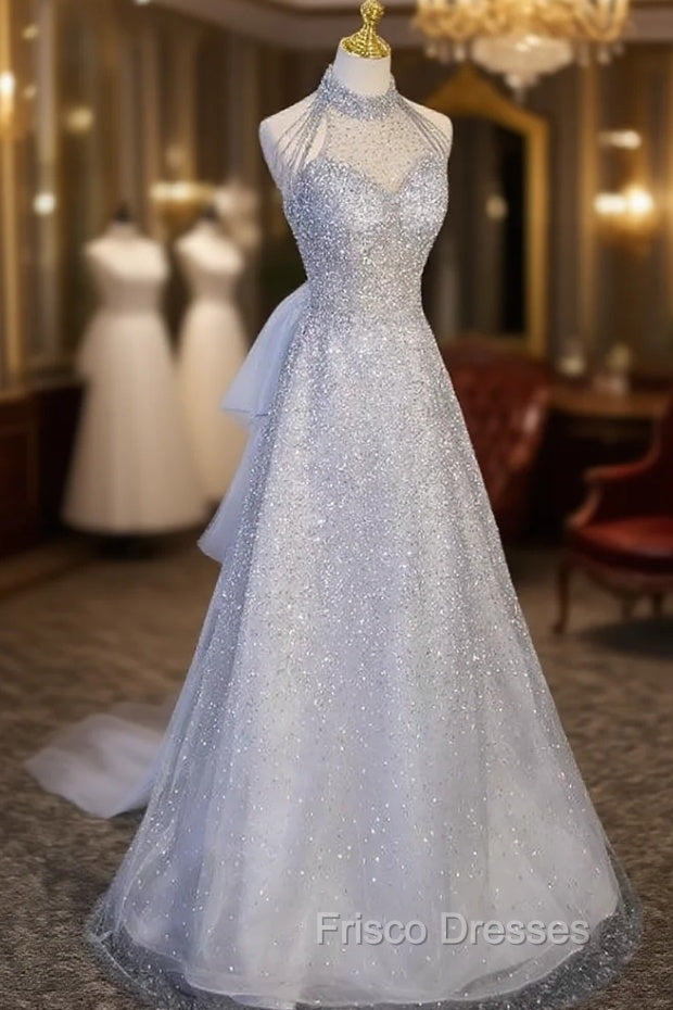 Gray Tulle Sequins High Neck Beading Formal Prom Dress Main image