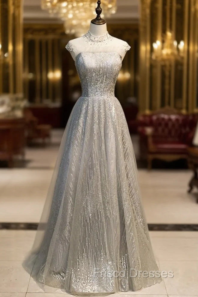 Gray Tulle Sequins High Neck Cap Sleeve Formal Prom Dress Main image