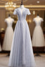 Gray Tulle Sequins High Neck Short Sleeve Beading Formal Prom Dress