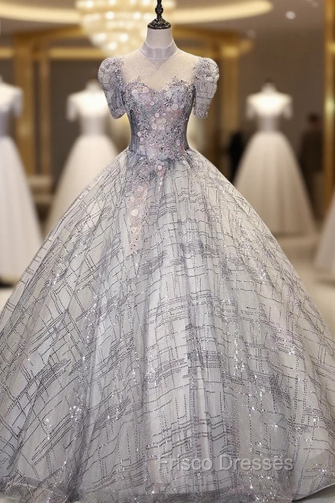 Gray Tulle Sequins High Neck Short Sleeve Quinceanera Dress Main image