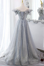 Gray Tulle Sequins Long A-Line Formal Prom Dress, Off the Shoulder Graduation Dress