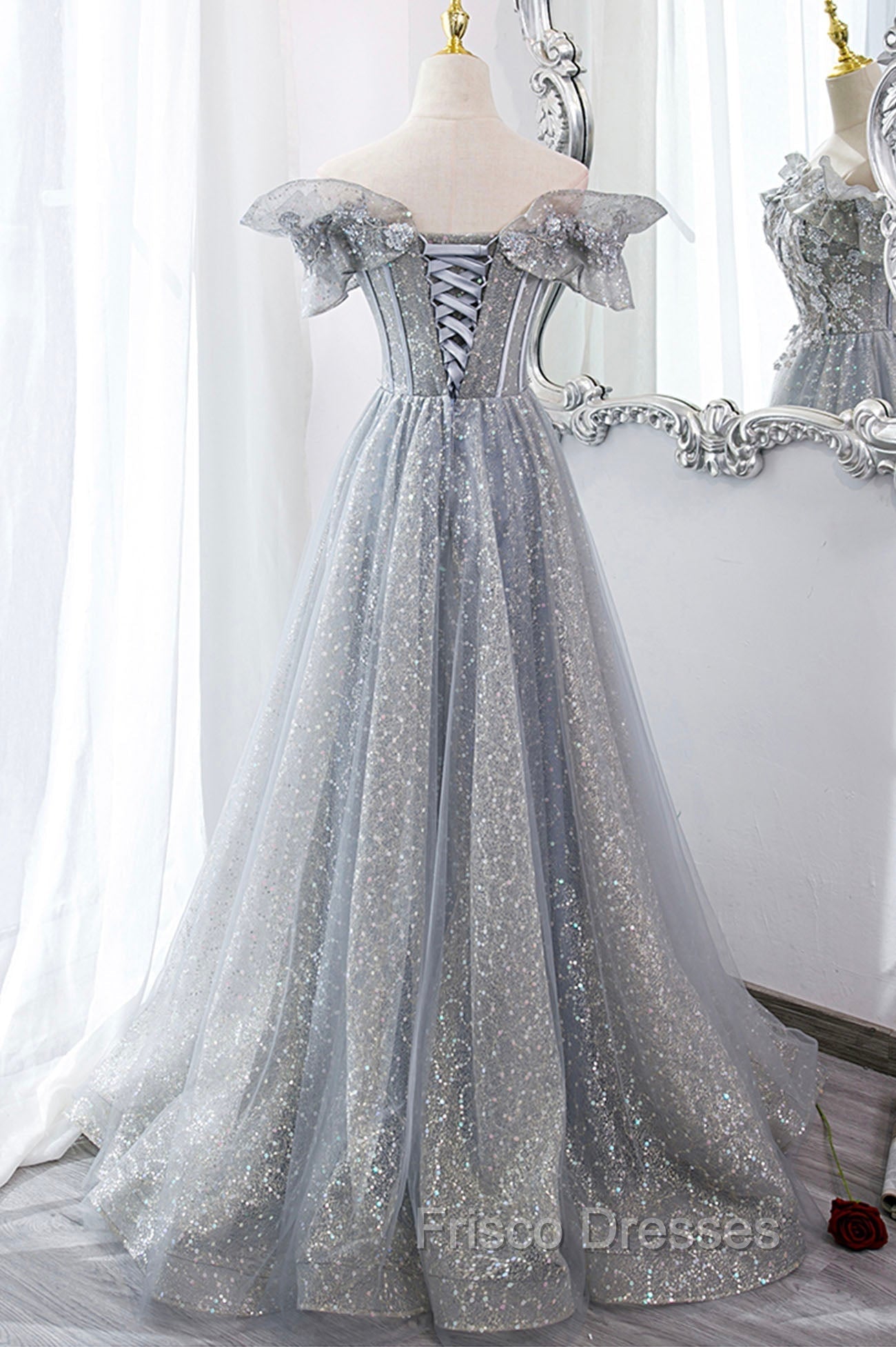 Gray Tulle Sequins Long A-Line Formal Prom Dress, Off the Shoulder Graduation Dress