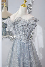Gray Tulle Sequins Long A-Line Formal Prom Dress, Off the Shoulder Graduation Dress