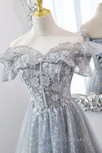 Gray Tulle Sequins Long A-Line Formal Prom Dress, Off the Shoulder Graduation Dress