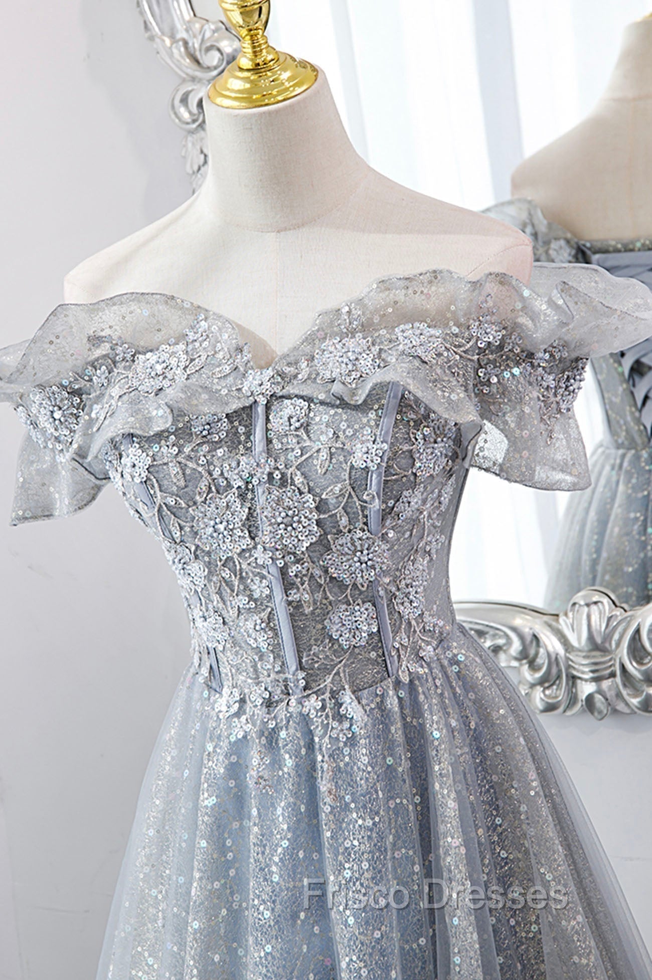 Gray Tulle Sequins Long A-Line Formal Prom Dress, Off the Shoulder Graduation Dress