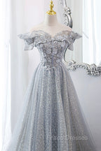 Gray Tulle Sequins Long A-Line Formal Prom Dress, Off the Shoulder Graduation Dress