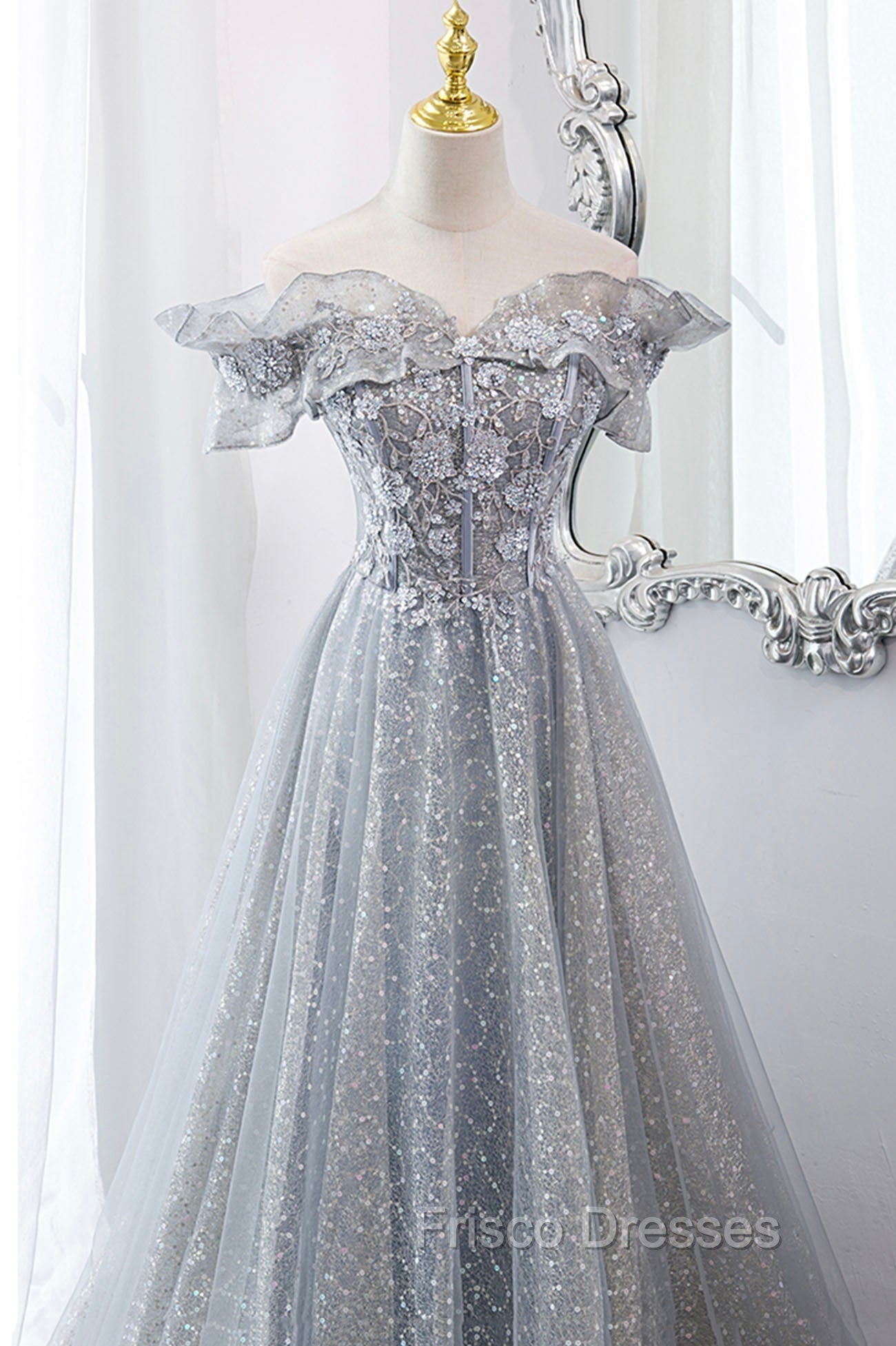 Gray Tulle Sequins Long A-Line Formal Prom Dress, Off the Shoulder Graduation Dress