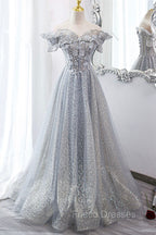 Gray Tulle Sequins Long A-Line Formal Prom Dress, Off the Shoulder Graduation Dress