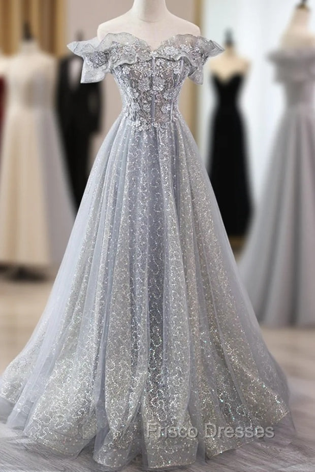 Gray Tulle Sequins Long A-Line Formal Prom Dress, Off the Shoulder Graduation Dress