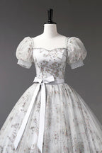 Gray Tulle Sequins Long Formal Prom Dress, A-Line Evening Party Dress