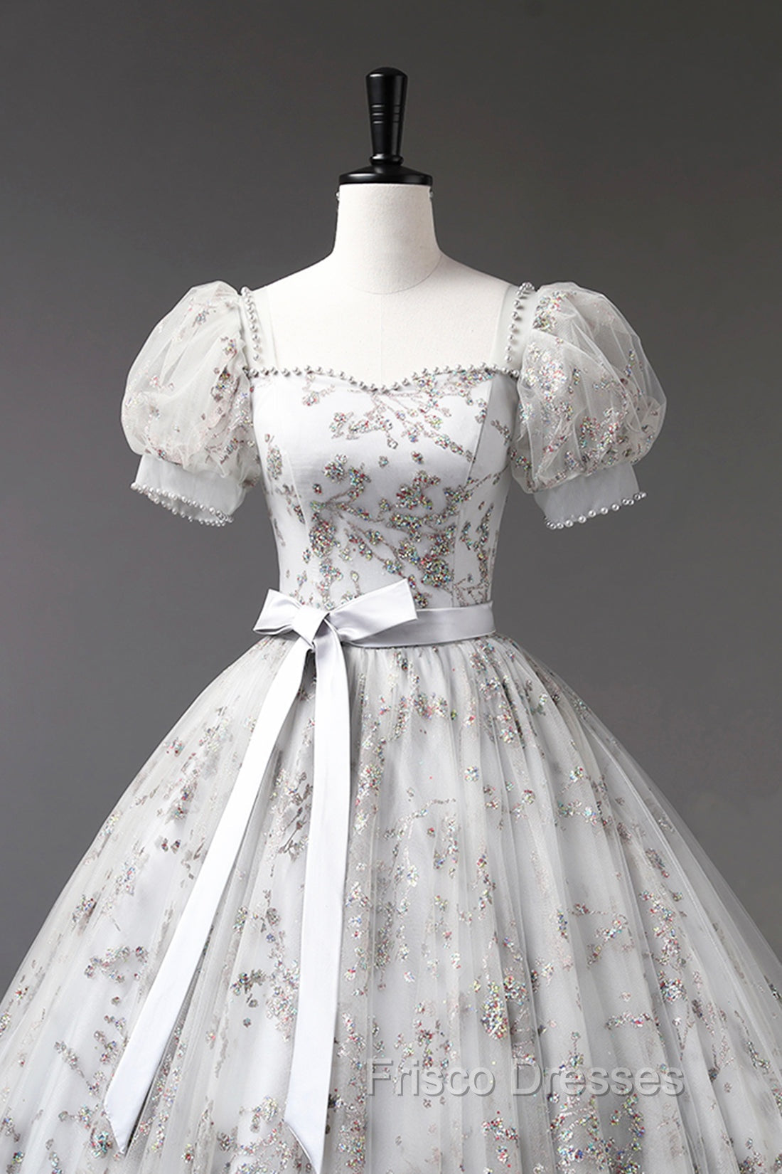 Gray Tulle Sequins Long Formal Prom Dress, A-Line Evening Party Dress
