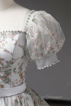 Gray Tulle Sequins Long Formal Prom Dress, A-Line Evening Party Dress