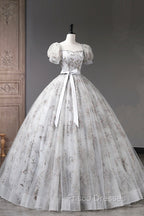 Gray Tulle Sequins Long Formal Prom Dress, A-Line Evening Party Dress