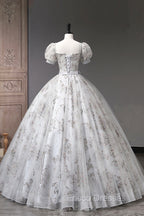 Gray Tulle Sequins Long Formal Prom Dress, A-Line Evening Party Dress