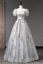 Gray Tulle Sequins Long Formal Prom Dress, A-Line Evening Party Dress