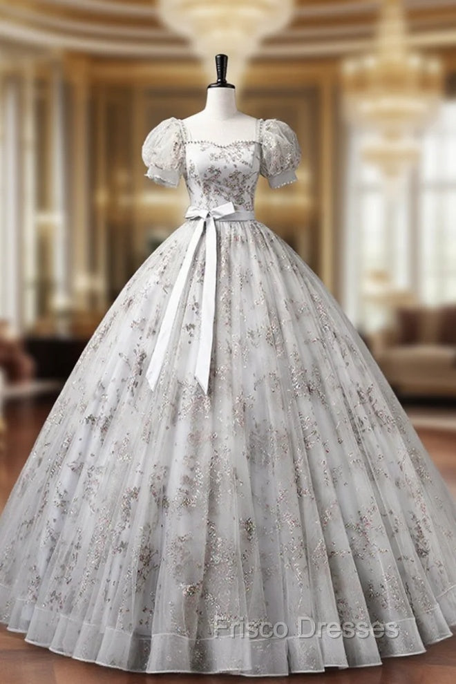 Gray Tulle Sequins Long Formal Prom Dress, A-Line Evening Party Dress Main image