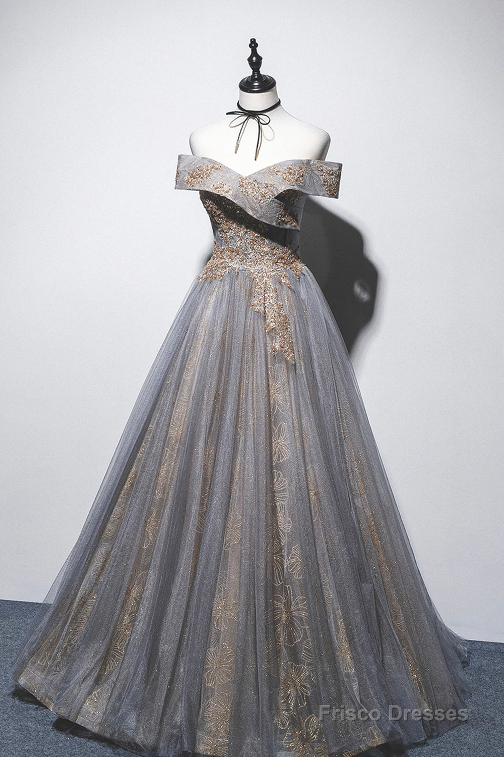Gray Tulle Sequins Long Prom Dress, Off Shoulder Evening Dress Secondary image