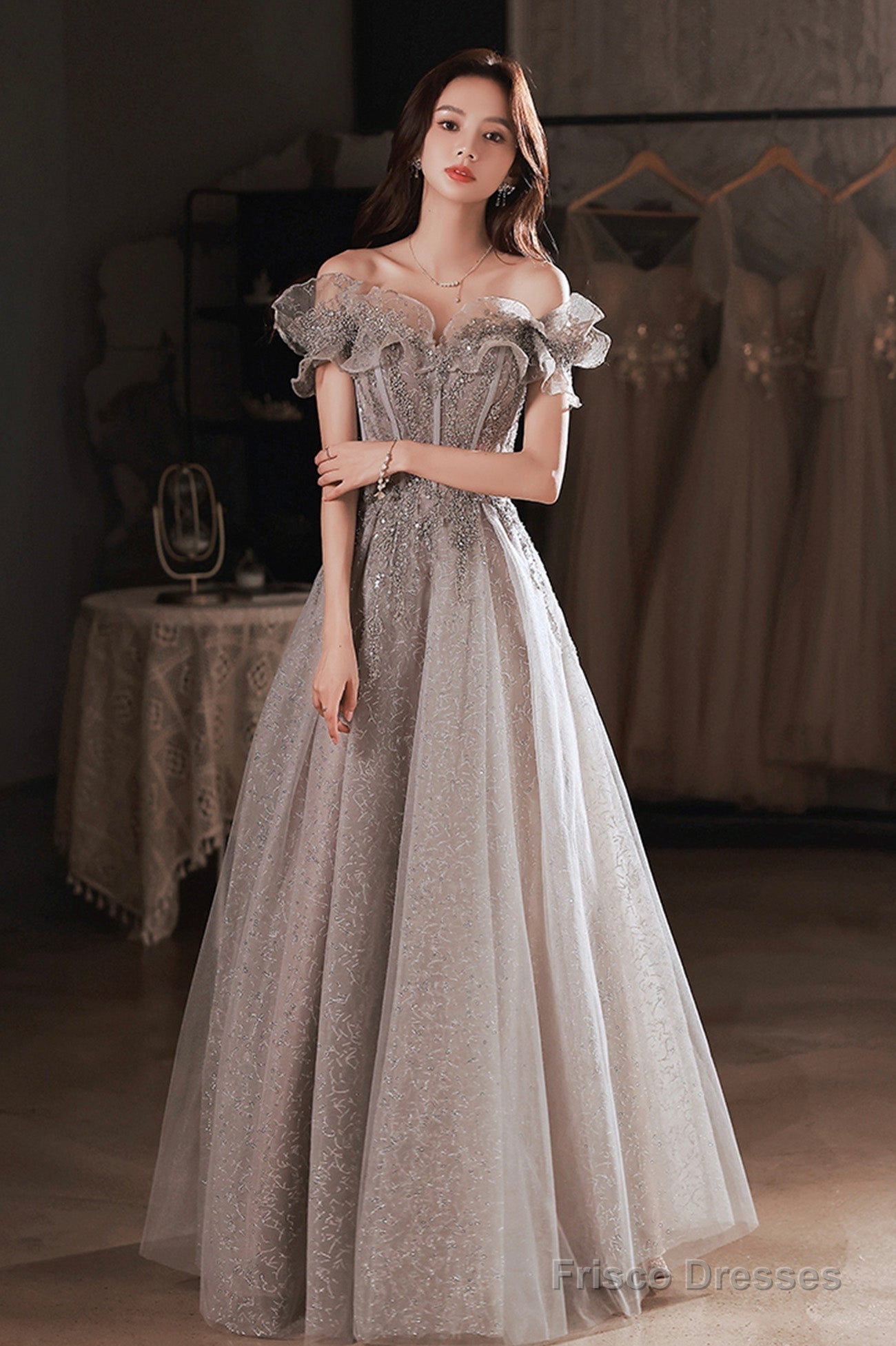 Gray Tulle Sequins Long Prom Dresses, A-Line Off The Shoulder Evening Dresses Secondary image