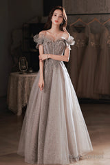 Gray Tulle Sequins Long Prom Dresses, A-Line Off The Shoulder Evening Dresses