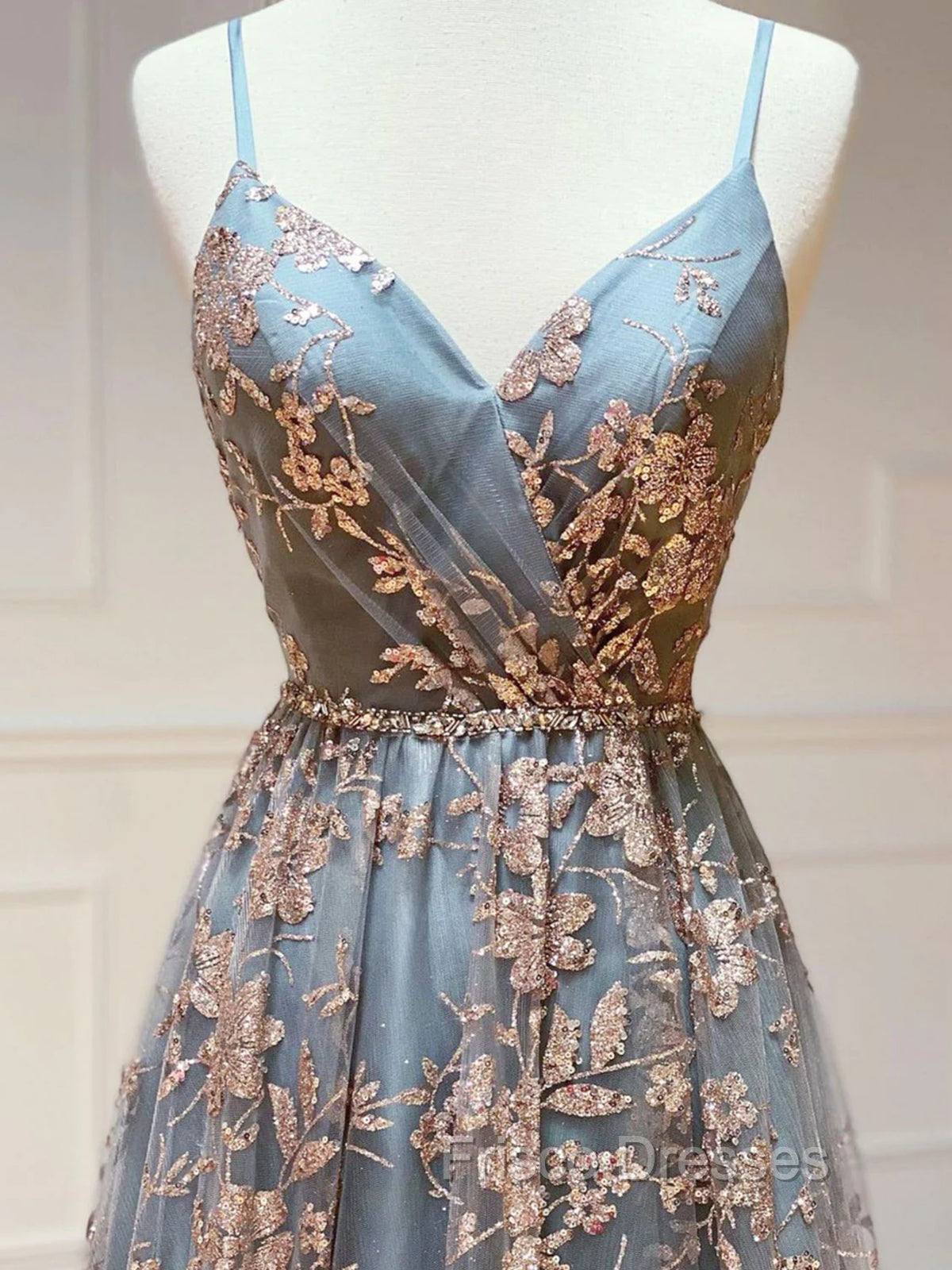 Gray Tulle Sequins Long Formal Prom Dress, A-Line Spaghetti Straps Formal Dress Secondary image