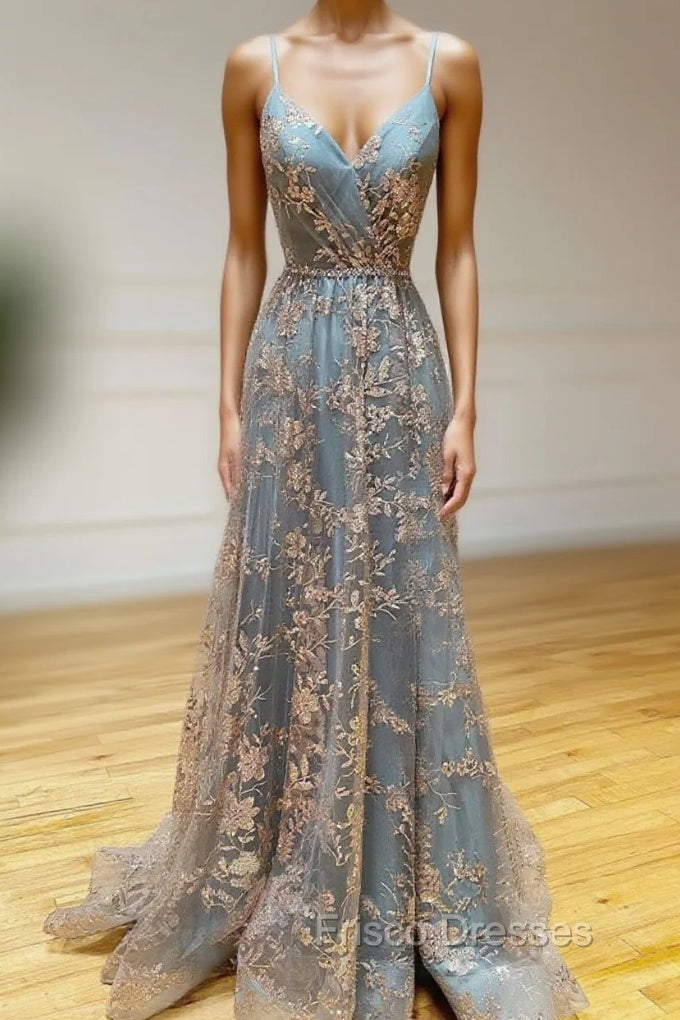 Gray Tulle Sequins Long Formal Prom Dress, A-Line Spaghetti Straps Formal Dress Main image