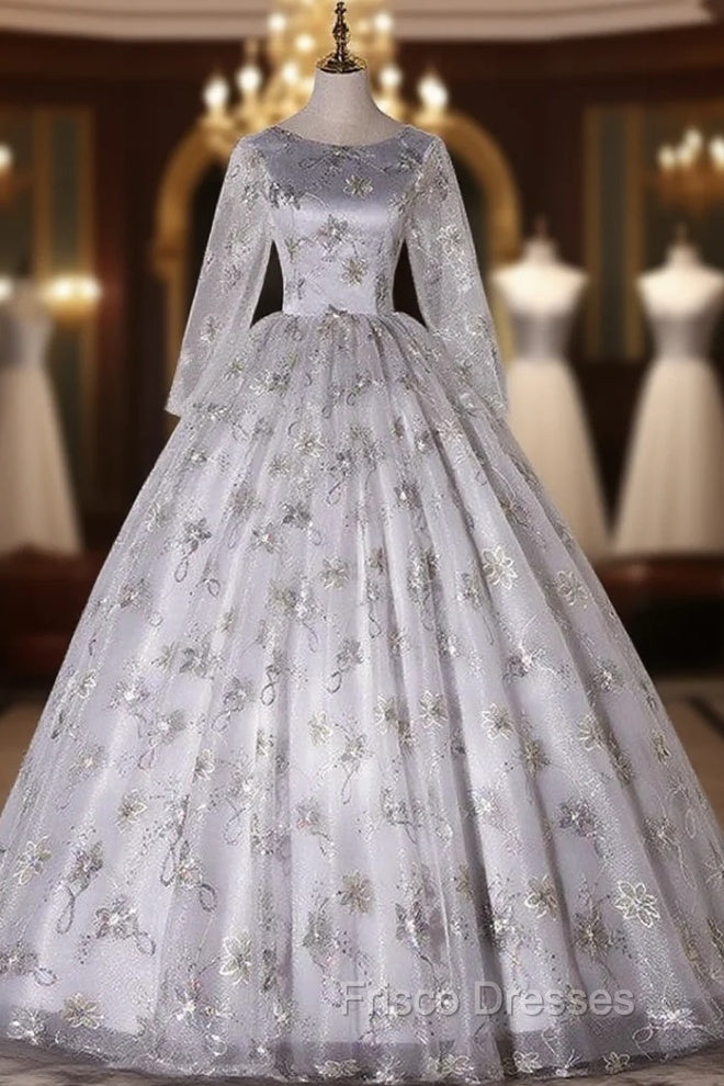 Gray Tulle Sequins Long Sleeve Quinceanera Dress Main image