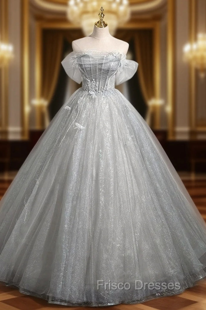 Gray Tulle Sequins Off the Shoulder Appliques Quinceanera Dress Main image