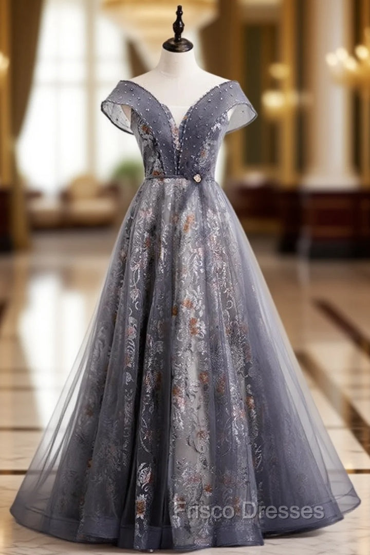 Gray Tulle Sequins Off the Shoulder Beading Formal Prom Dress Main image