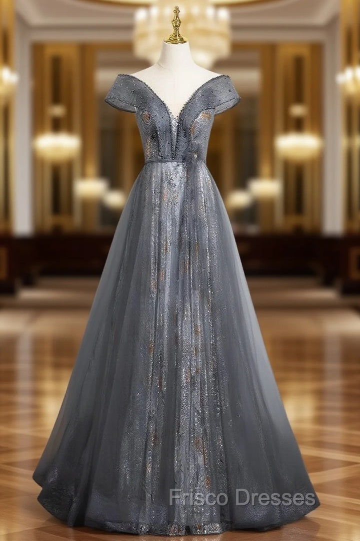 Gray Tulle Sequins Off the Shoulder Pearls Formal Prom Dress