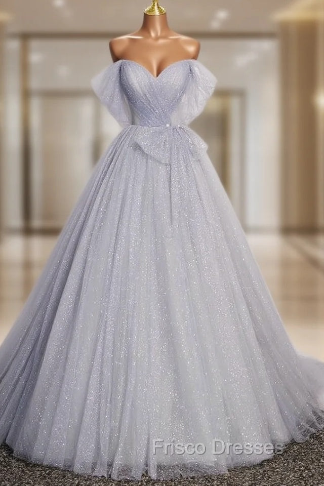 Gray Tulle Sequins Off the Shoulder Pleats Formal Prom Dress Main image