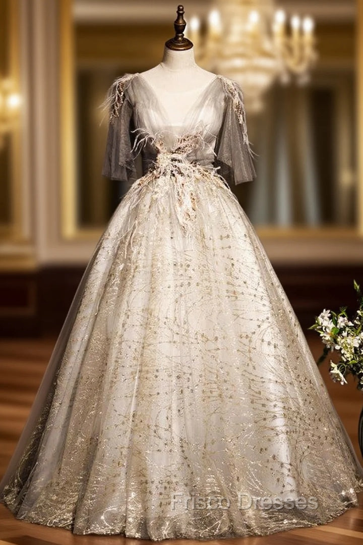 Gray Tulle Sequins Off the Shoulder Formal Prom Dress Main image