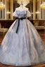 Gray Tulle Sequins Off the Shoulder Puff Sleeve Quinceanera Dress
