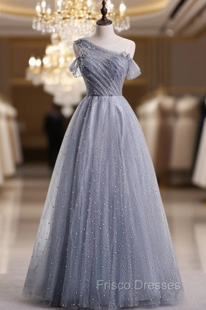 Gray Tulle Sequins Scoop Pearls Formal Prom Dress Main image