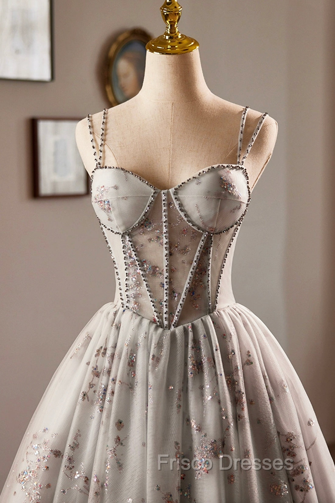 Gray Tulle Sequins Short Formal Prom Dress, A-Line Spaghetti Straps Backless Party Dress Secondary image