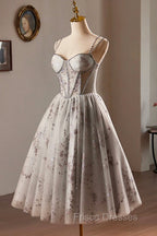 Gray Tulle Sequins Short Formal Prom Dress, A-Line Spaghetti Straps Backless Party Dress