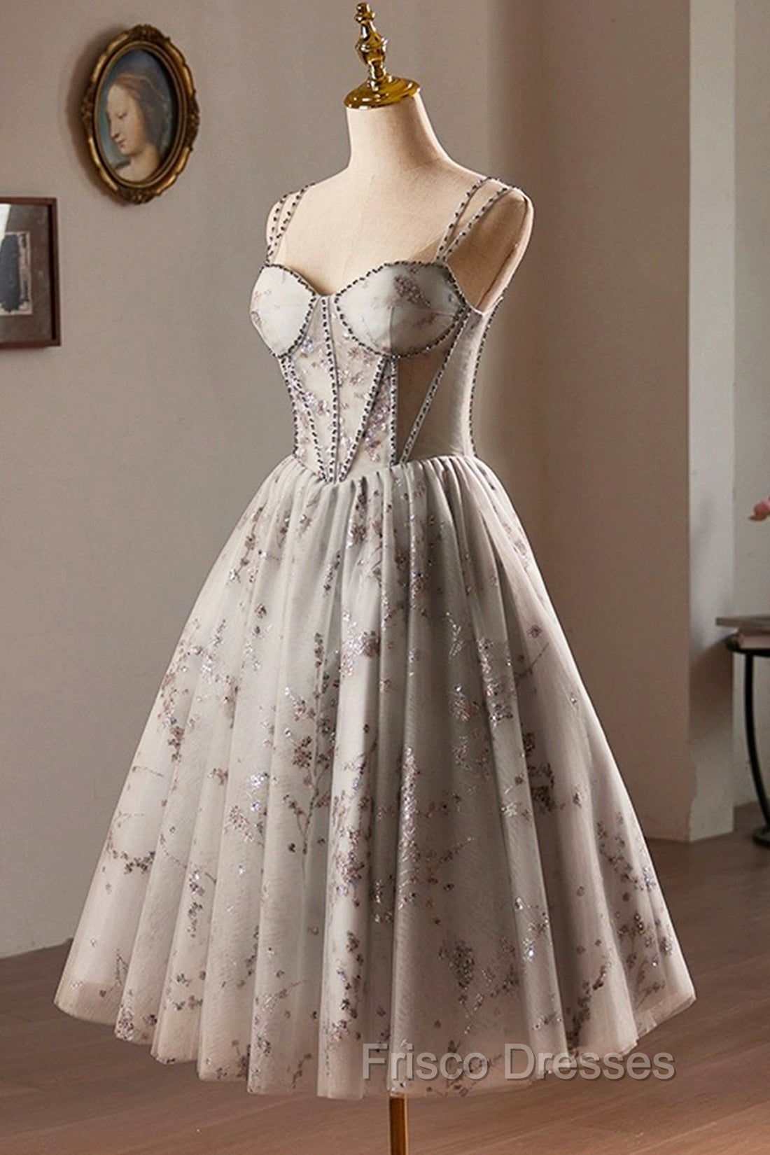 Gray Tulle Sequins Short Formal Prom Dress, A-Line Spaghetti Straps Backless Party Dress