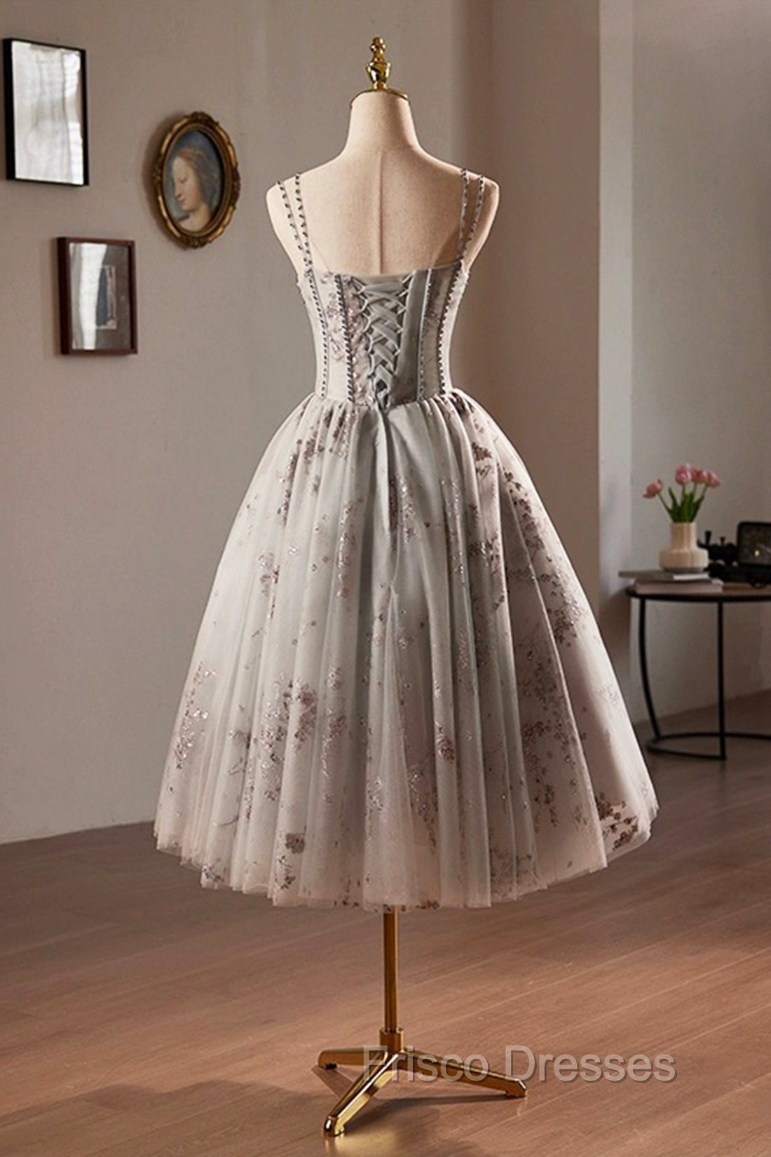Gray Tulle Sequins Short Formal Prom Dress, A-Line Spaghetti Straps Backless Party Dress