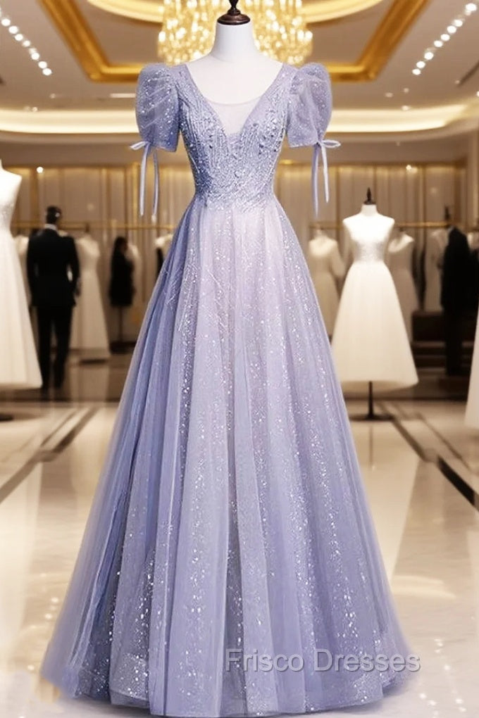 Gray Tulle Sequins Short Sleeve Beading Formal Prom Dress
