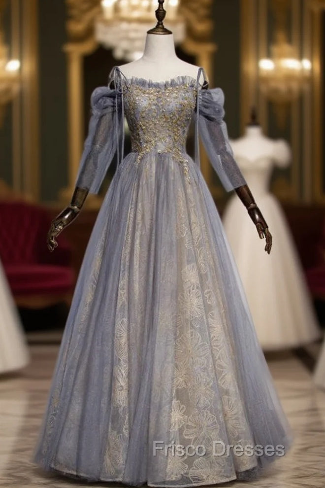 Gray Tulle Sequins Spaghetti Straps Long Sleeve Formal Prom Dress Main image