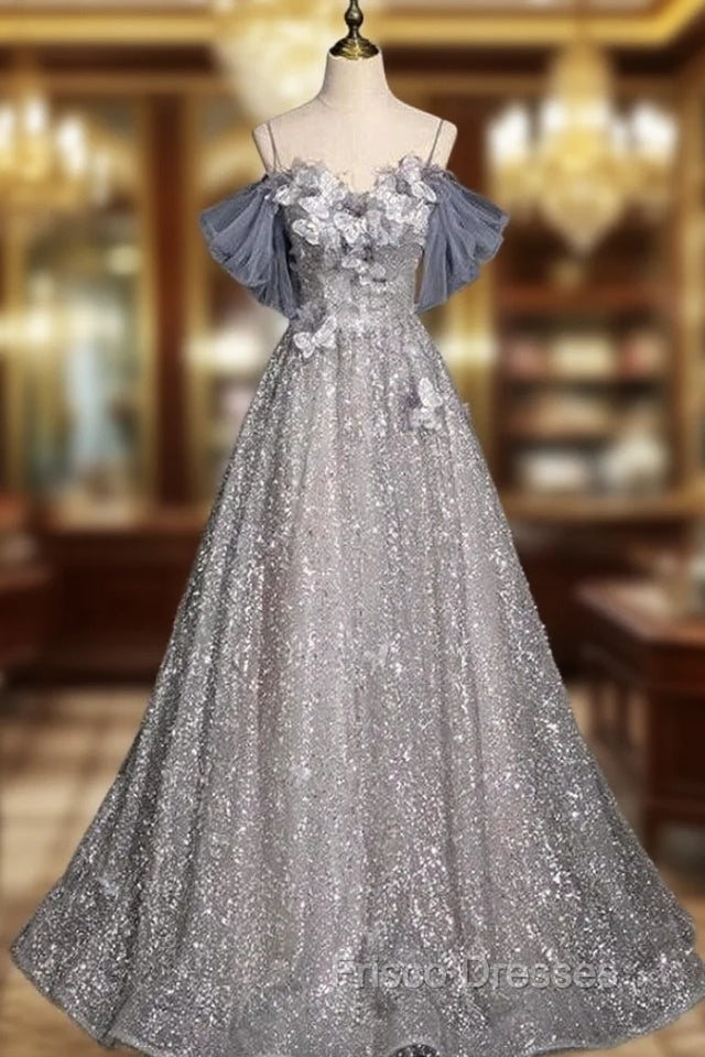 Gray Tulle Sequins Spaghetti Straps Formal Prom Dress Main image