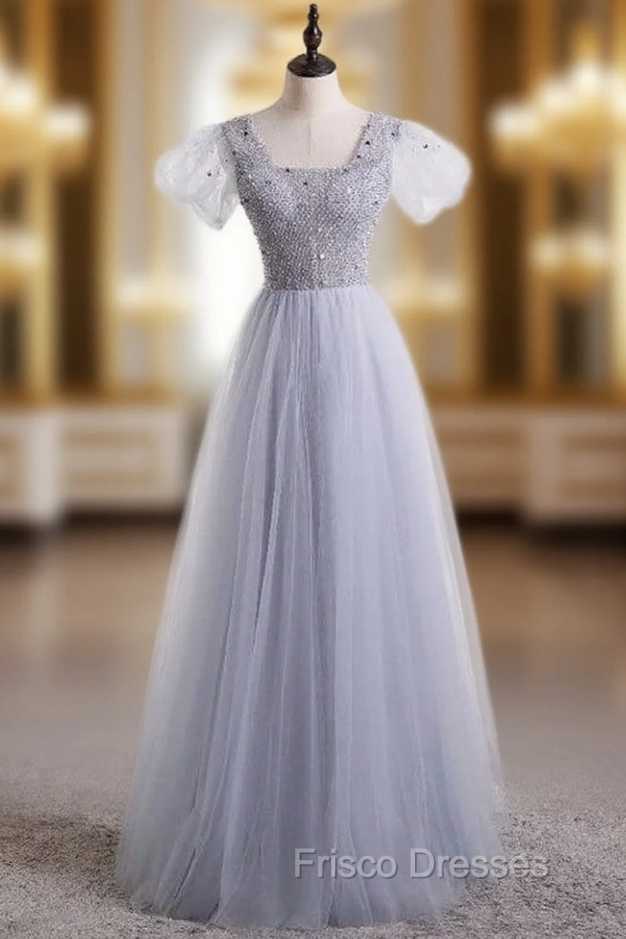 Gray Tulle Sequins Sqyare Short Sleeve Beading Formal Prom Dress Main image
