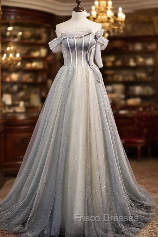 Gray Tulle Sequins Strapless Pearls Formal Prom Dress