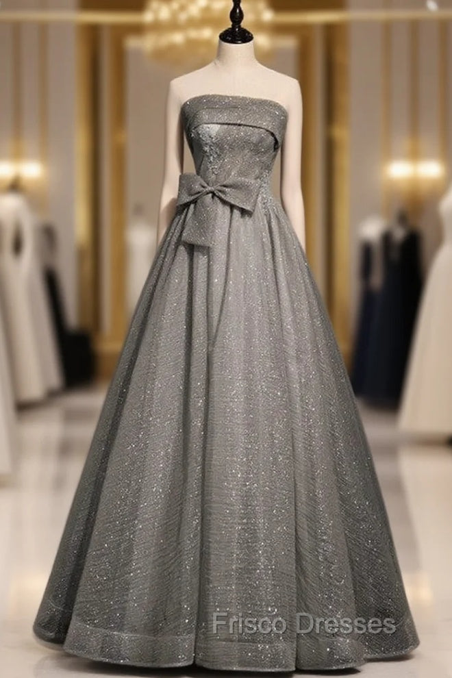 Gray Tulle Sequins Strapless Pleats Beading Formal Prom Dress Main image