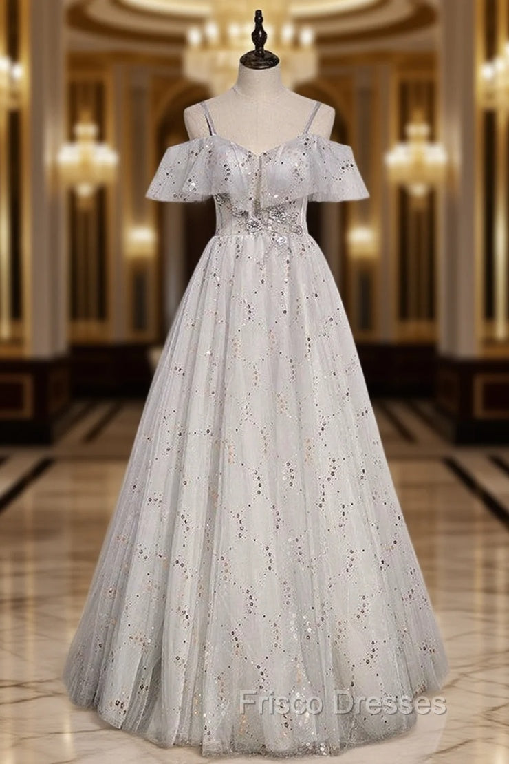 Gray Tulle Sequins Straps Beading Formal Prom Dress
