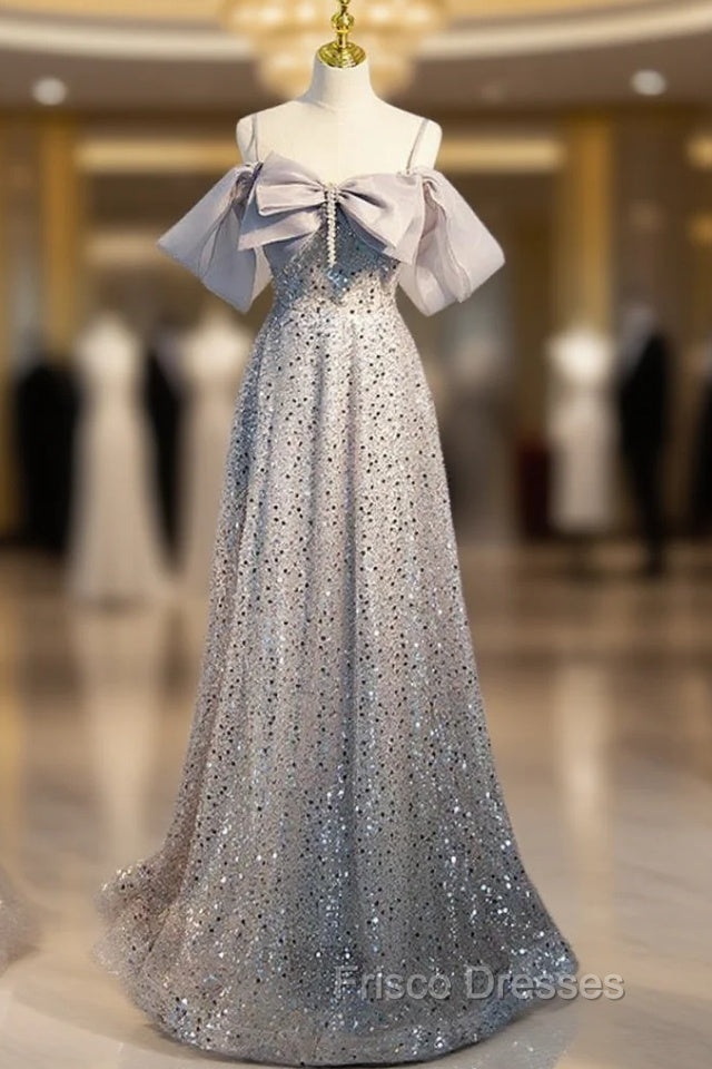 Gray Tulle Sequins Straps Bow Formal Prom Dress