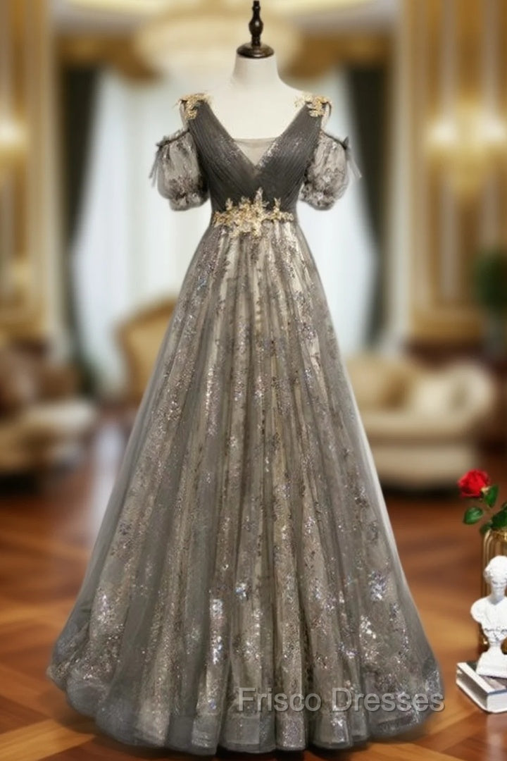 Gray Tulle Sequins V-neck Pleats Beading Formal Prom Dress